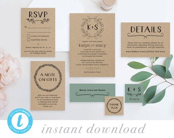 Editable Wedding Invitation Suite Template, Rustic Wedding Printable Sets, Wedding Invites plus RSVP Details Belly Band, DIY Country Wedding