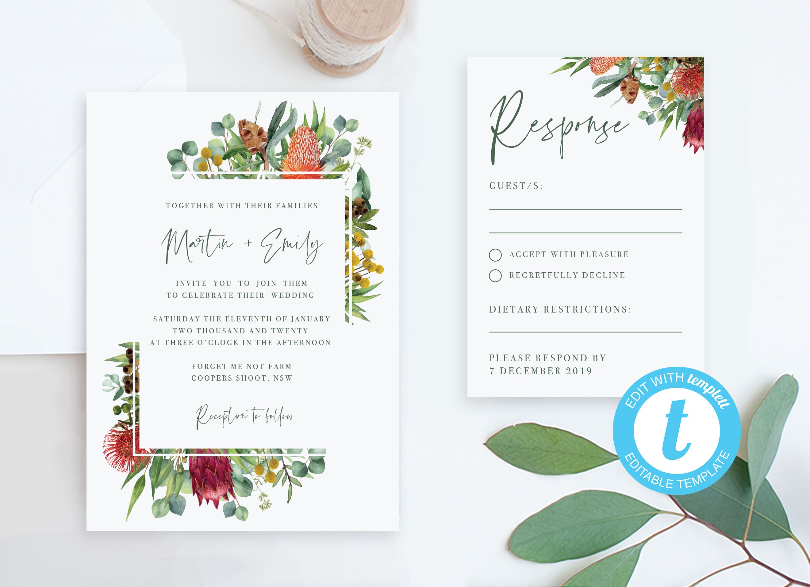 Australian Natives Wedding Invitation and RSVP Eucalyptus Etsy Australia