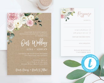 Wedding Invites with RSVP card Templates, Cheap Wedding Invitation Packages, Printable Online PDF, Rustic Editable Invitation Templates, Kit