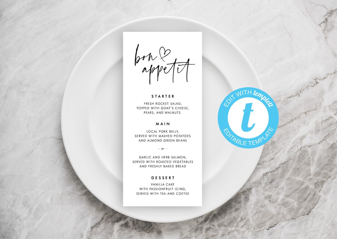 Cheap Wedding Menu Editable Template, Modern Simple Printable Dinner