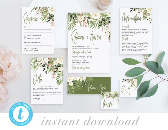 Green Foliage Wedding Eucalyptus GRFOL6 Greenery Wedding Editable Boho Wedding Suite Printable Wedding Invitation Set INSTANT DOWNLOAD