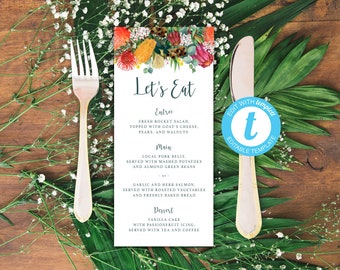 Cheap Wedding Reception Menu Template, Editable Menu PDF, Rustic Eucalyptus Protea Printable Dinner Menu, DIY Wedding Reception Cards