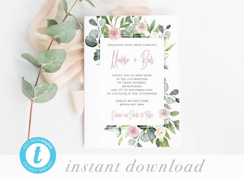 Eucalyptus Blush Greenery Rustic Wedding invite RSVP and Details templates Cards DIY Australian Natives Wedding Invitation Suite
