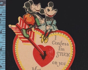 Vintage Disney Valentine Card Early MICKEY & MINNIE MOUSE Sit On Heart Struck By Cupid's Arrow I Confess I'm Stuck On You My Love Antique