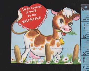 Vintage Original Card COW Wearing A Bell Stands In DAISY Patch I'd Be CONTENT If You'd My Valentine Dairy Farm Animal UNused Retro Graphics