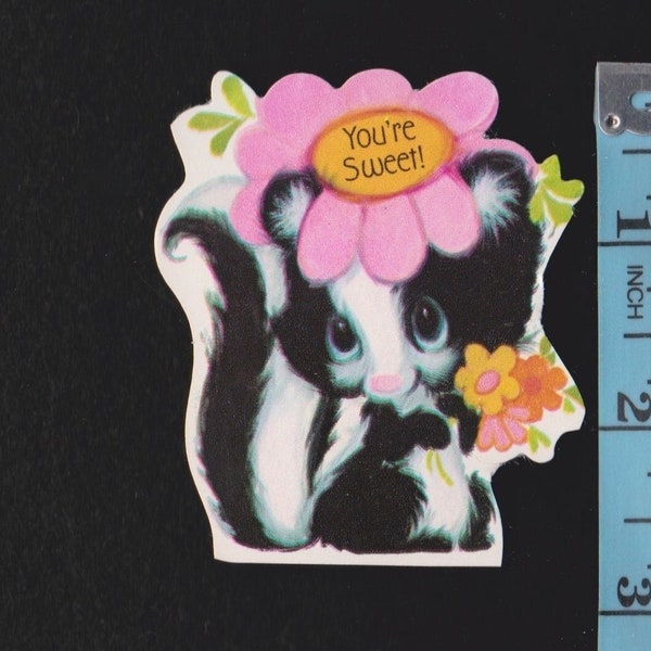 Vintage Valentine Card You're SWEET Adorable ANTHROPOMORPHIC SKUNK Wears Pink Flower Hat,Holds Bouquet UNused DieCut Original Retro Graphics