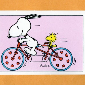 Vintage Peanuts Card SNOOPY & WOODSTOCK Ride A Tandem BIKE Bicycle