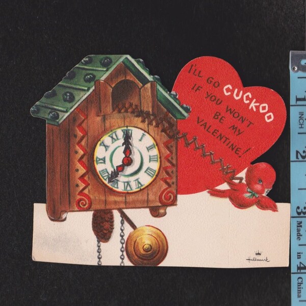 Vintage Original Card I'll Go CUCKOO If You Won't Be My Valentine! Antique CLOCK With Red Bird DieCut Retro Graphics Kitsch Craft Ephemera