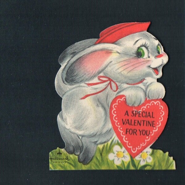 Vintage Card Cute GRAY BUNNY RABBIT A Special Valentine For You UNused DieCut Original Retro Graphics Holiday Paper Crafts Ephemera Hallmark