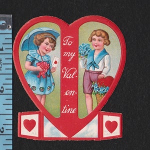 Antique Original Card To My Valentine Girl w Blue PARASOL & Boy w Bouquet Of FORGET Me NOT Flowers UNused Original DieCut Embossed Vintage