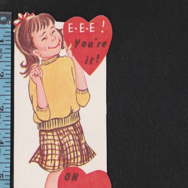 Vintage Valentine Card FAN GIRL In Plaid Skirt & Sweater E-e-e! You're IT On Feb. 14 Original UNused DieCut Retro Beatles ERa Craft Ephemera