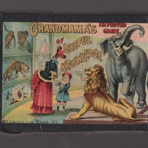 Antique GRANDMAMA'S Improved Game Of Useful Knowledge w Question Cards,Original Box MUSEUM ANIMALS Scene Graphics,Art,Craft Ephemera,Display