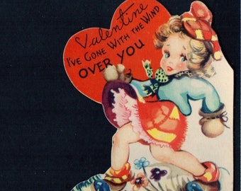 Vintage Original Card Girl Walks On A Windy Day Valentine I've GONE WITH The WIND Over You UNused DieCut Retro Graphics Paper Craft Ephemera