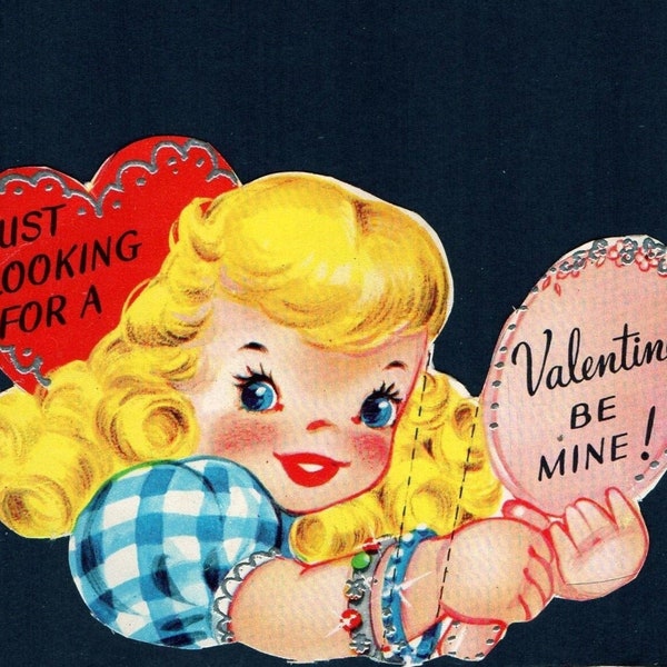 Vintage Original Card Pretty Glamour Blonde Girl Holds Mirror Just LOOKING For A VALENTINE Be MINE! DieCut With Silver Beauty,Glam Ephemera