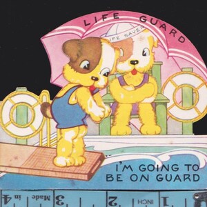 May include: Vintage illustration of two cartoon dogs as lifeguards. One dog is standing on a diving board, wearing a blue swimsuit. The other dog is sitting in a green chair. The image has a pink umbrella with the words "LIFE GUARD". The text "I'M GOING TO BE ON GUARD" is also present.