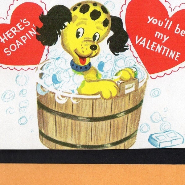 Vintage Original Card Spotted Puppy Dog Takes A BATH In Old WashTub Here's SOAPIN You'll Be My Valentine UNused Retro Graphics Crafts Kitsch