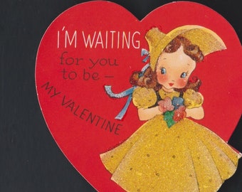 Vintage Original Card SOUTHERN BELLE Girl In YELLOW Dress & Hat w Ice Texture I'm Waiting For U2 Be My Valentine DieCut Retro Craft Ephemera