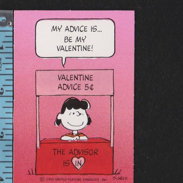 Vintage Peanuts Card LUCY Acting As ADVISOR My ADVICE Is Be My Valentine UNused Original Paper Craft Ephemera Retro 70s Hallmark 2 3/4" X 4"