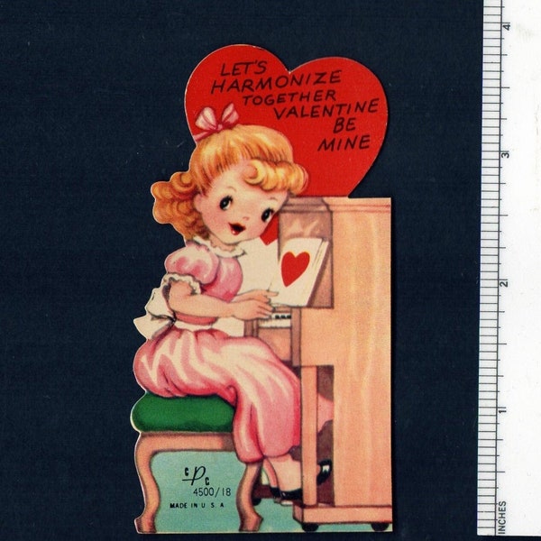 Vintage Valentine Card Pretty Girl Plays Music On Old Upright PIANO Let's HARMONIZE TOGETHER UNused Original DieCut Retro Graphics Ephemera