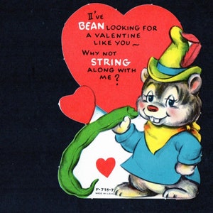 Vintage Original Card Anthropomorphic Animal w Green VEGETABLE I've BEAN Looking 4A Valentine Like U Y Not STRING Along w Me DieCut Veggie