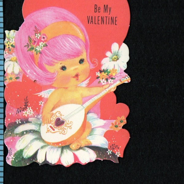 Vintage Original Card Mod FAIRY or Pixie w PINK HAIR Plays Mandolin While Sitting On Big Flower Be My Valentine UNused DieCut Retro Graphics