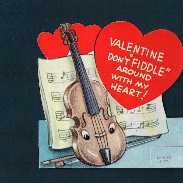 Vintage Valentine Card Anthropomorphic VIOLIN Stringed Musical INSTRUMENT Don't FIDDLE Around With My Heart Original DieCut Retro Graphics