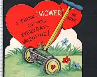 Vintage Valentine Card ROTARY Grass,Lawn Cutting Tool I Think MOWER Of You Everyday Unused Original Diecut