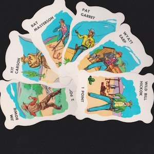 Vintage WESTERN HEROES CARDS Lot/6 Cowboys,Lawmen,Game Replacements,Wild West Frontier Crafts Ephemera Wild Bill Hickok,Wyatt Earp,Jim Bowie
