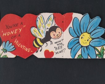 Vintage Original Card Anthropomorphic Pollinator & Flower You're A HONEY Of A Valentine Wont You BEE MINE UNused DieCut Retro Graphic Kitsch