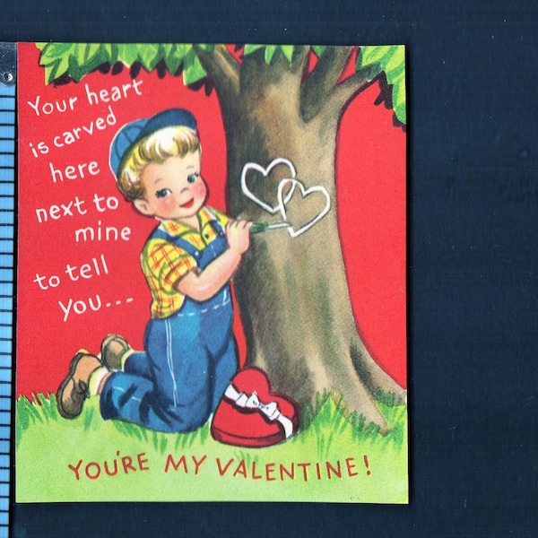 Vintage Original Card Boy In Overalls Uses Knife On TREE Your HEART Is CARVED Here Next To Mine To Tell You You're My Valentine UNused Retro