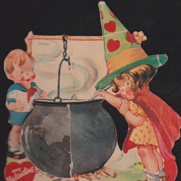 Vintage Valentine Card Boy Watches Girl WITCH Stir Brew In CAULDRON w Fold Out HoneyComb Tissue Decoration RARE Halloween Antique DieCut