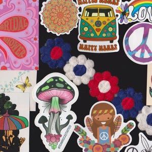 May include: A collection of colorful stickers with a retro, hippie theme. Designs include a VW bus, peace signs, Snoopy kissing Lucy, flowers, butterflies, and the word "LOVE".