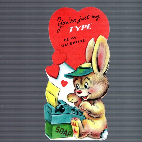 Vintage Valentine Card Anthropomorphic BUNNY RABBIT At Old Typewriter You're Just My TYPE Unused Original Diecut Cute Kitsch Retro Graphics