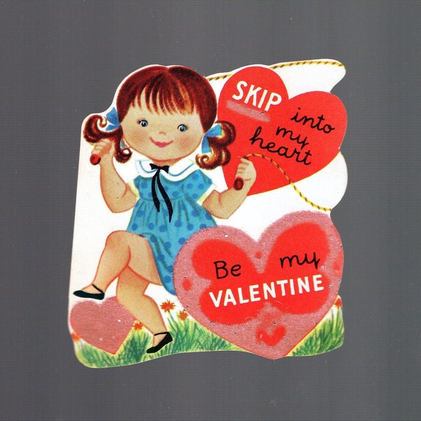 Vintage Valentine Card Cute Girl w Pigtails Jumps Rope SKIP into My HEART Glittered & Flocked Original,UNused DieCut Retro Graphics Exercise