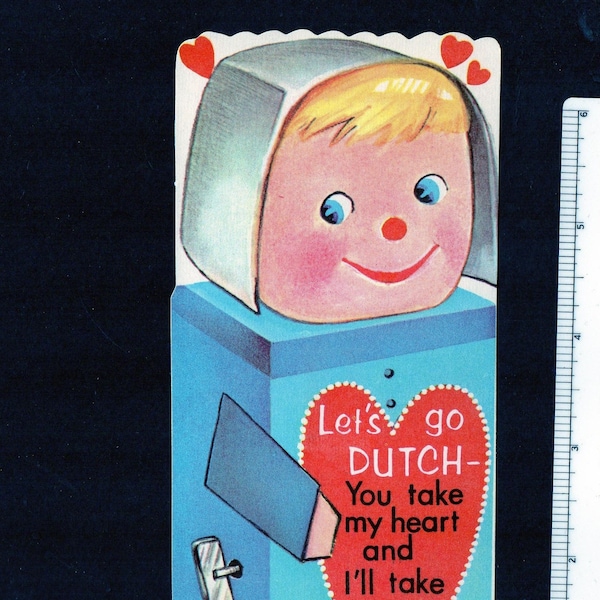 Vintage Valentine Card MISFIT TOY Blocky Wind Up Let's Go Dutch U Take My Heart And I'll Take Yours UNused Original DieCut STRANGE & Unusual
