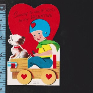 Vintage Original Card Coming To See If You'll Be My Valentine BOY & Dog Ride HomeMade GO CART Car UNused DieCut Mid Century Craft Ephemera
