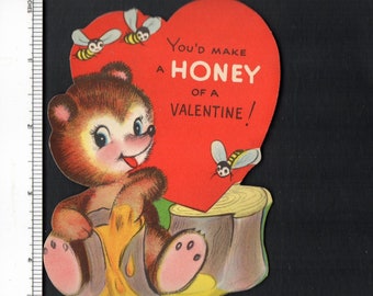 Vintage Original Card BEES Buzz Around BEAR Cub Eating You'd Make a HONEY Of A Valentine Diecut Retro Graphics Kitsch Paper Crafts Ephemera