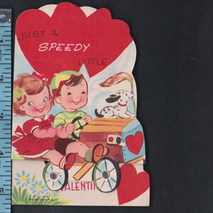 Vintage Original Card Just A SPEEDY Little Valentine Boy,Girl & Spotted Puppy Dog Ride Homemade GO CART Car DieCut Retro Graphics Ephemera