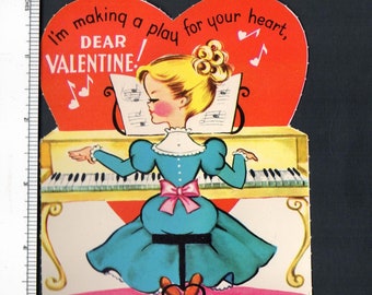 Vintage Original Card Pretty Lady At PIANO I'm MAKING A PLAY For Your Heart Dear Valentine! UNused DieCut Retro Graphics Craft Music Ephmera