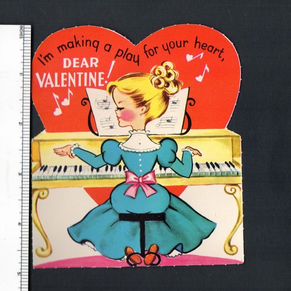 Vintage Original Card Pretty Lady At PIANO I'm MAKING A PLAY For Your Heart Dear Valentine! UNused DieCut Retro Graphics Craft Music Ephmera
