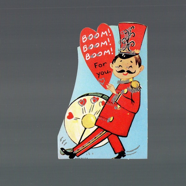 Vintage Valentine Card Man w Mustache In MARCHING BAND Uniform Plays Bass DRUM BoomBoomBoom For You Glittered Original,Unused,Retro Graphic