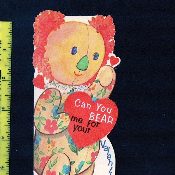 Vintage Card MISFIT TOY or Creepy Clown Can You Bear Me For Your Valentine? UNused Original DieCut Retro Strange & Unusual Kitsch Ephemera