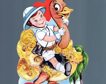 Vintage Mechanical Card SAFARI Boy In Pith Helmet Rides A Big Exotic Bird OSTRICH A Point Say You'll Be My Valentine Original DieCut UNused