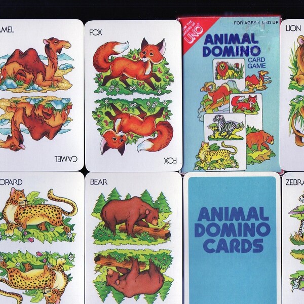 Vintage ANIMAL DOMINO Card Game COMPLETE Color Illustrations Camel,Fox,Lion,Leopard,Mountain Goat,Bear,Zebra RePurpose For Paper Crafts Use