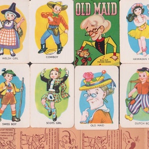 Vintage OLD MAID Card Game COMPLETE International Girls & Boys Flip Picture Backs,CowBoy,Hawaiian Hula,Geisha,Spanish Dancer,Eskimo,Scottish
