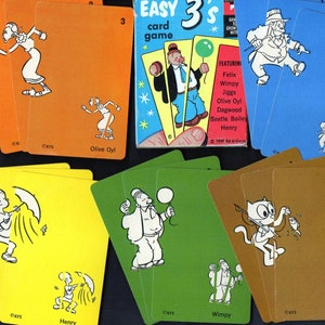 Vintage EASY 3's Card Game CARTOON CHARACTERS Felix The Cat,Beetle Bailey,Wimpy,Olive Oyl,Dagwood,Jiggs,Henry Fun Flip Movie Backs Craft Use