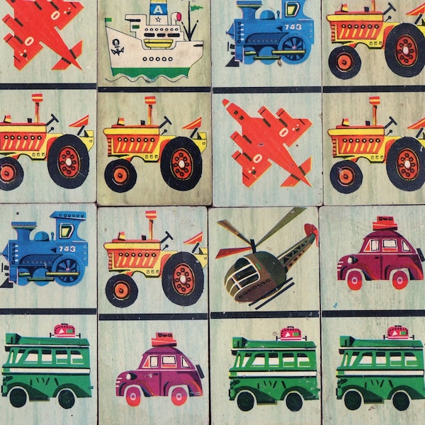 Vintage Toy PICTURE DOMINOES Illustrated WOOD Domino Game Part Lot/8 Transportation Ship,Bus,Car,Train Engine,Tractor,Fighter Jet,Helicopter