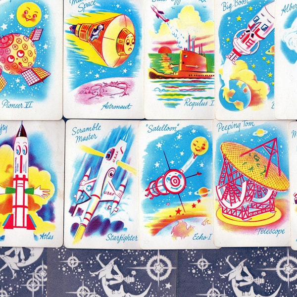 Vintage SPACE AGE Old Maid Game Missing 1 Card Einstein,Anthropomorphic Rocket,Radar Telescope,Satellite,Booster,Water Recovery Craft NASA
