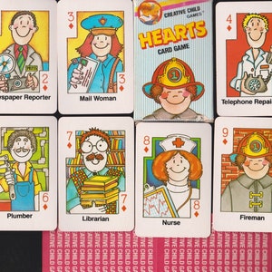 JUEGO DE CARTAS DE CORAZONES Vintage: Ayudante de barrio completo, reportero, cartero, reparador de teléfonos, policía, fontanero, bibliotecario, enfermero, bombero y objetos efímeros.