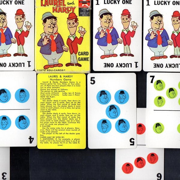 Vintage LAUREL & HARDY Card Game Complete CARTOON Character Illustrations w Lucky One,2 -10 Numbers,Colored Dots Retro Paper Crafts Ephemera